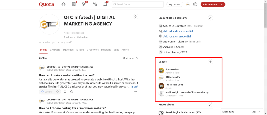 Utilize Quora Spaces