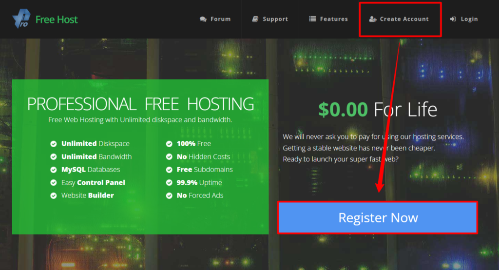 Create an account in Profreehost
