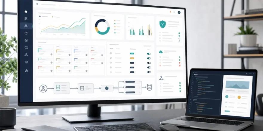 Enterprise SaaS dashboard, workflow, permissions and API architecture on a software development workstation