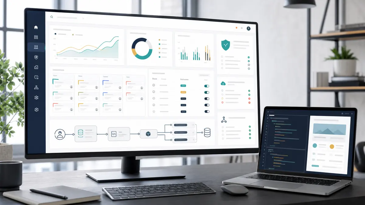 Enterprise SaaS dashboard, workflow, permissions and API architecture on a software development workstation