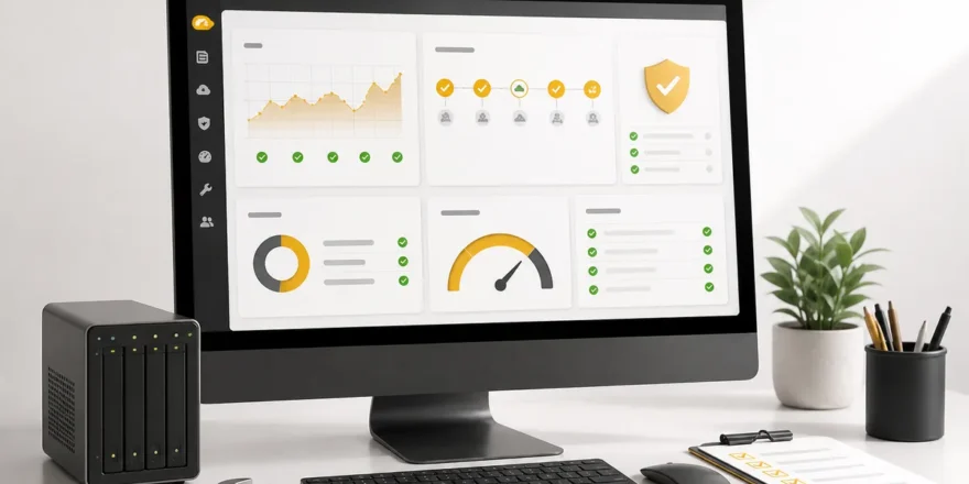 Website maintenance dashboard showing security, backups, uptime, updates and performance monitoring