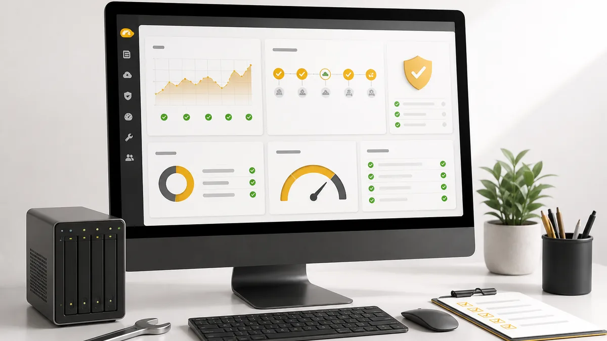 Website maintenance dashboard showing security, backups, uptime, updates and performance monitoring